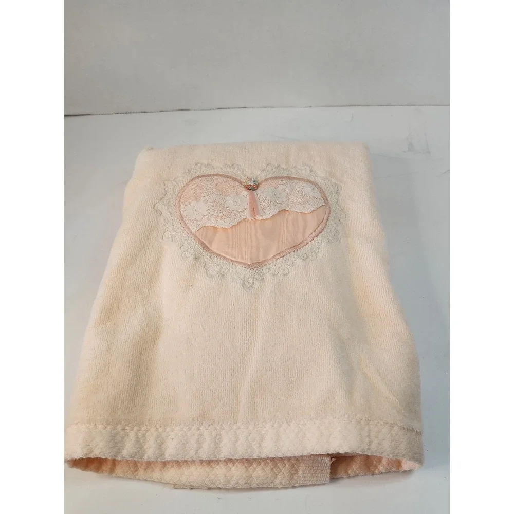 Vtg 1980s Bibb Mills Bath Towel Peach Pink Satin Lace Heart Cottagecore Coquette